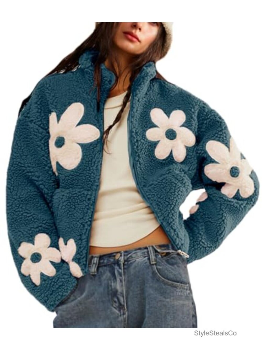 Fuzzy Cropped Sherpa Fleece Jacket with Floral Print, Stand Collar & Side